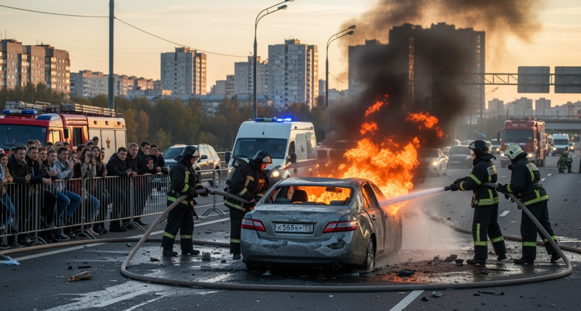 Toyota Camry взорвалась дважды на ходу в Краснодаре: спасатели тушили 4 минуты