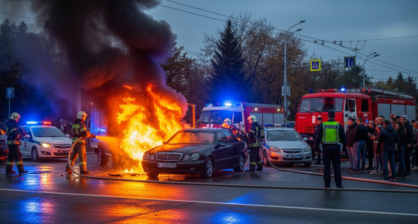 Mercedes ушёл под днище "Газели" и загорелся в тройном ДТП в Краснодаре