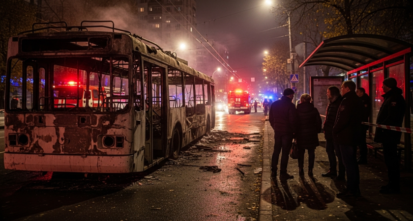 Троллейбус №8 выгорел до основания на остановке у храма в Краснодаре