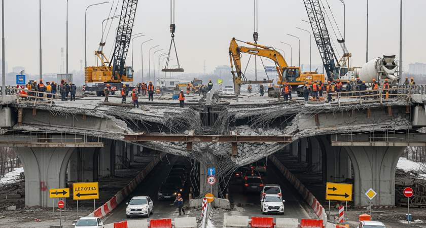 «Мост мог сложиться на трассу М4»: Кондратьев осмотрел аварийный Фадеевский путепроводе после удара большегруза