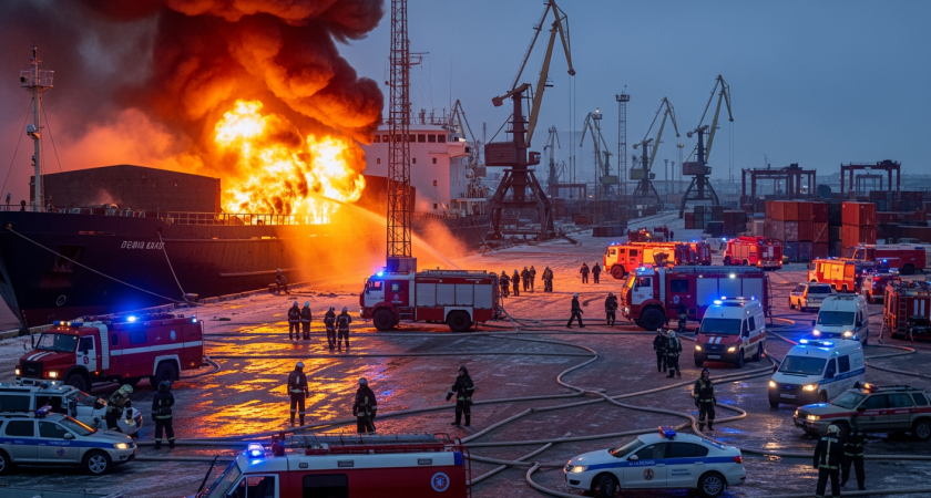 Пожар в порту Темрюка: 68 спасателей тушат огонь площадью 1350 кв.м