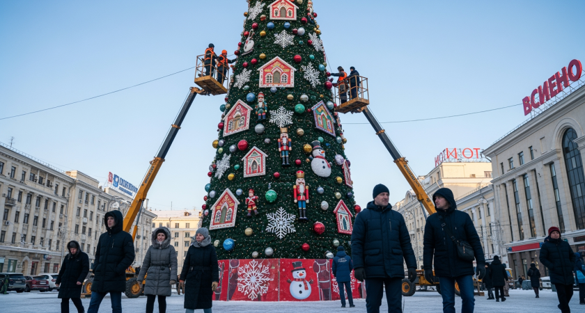Избушки, щелкунчики и снеговики: 22-метровую елку украшают на Главной площади Краснодара