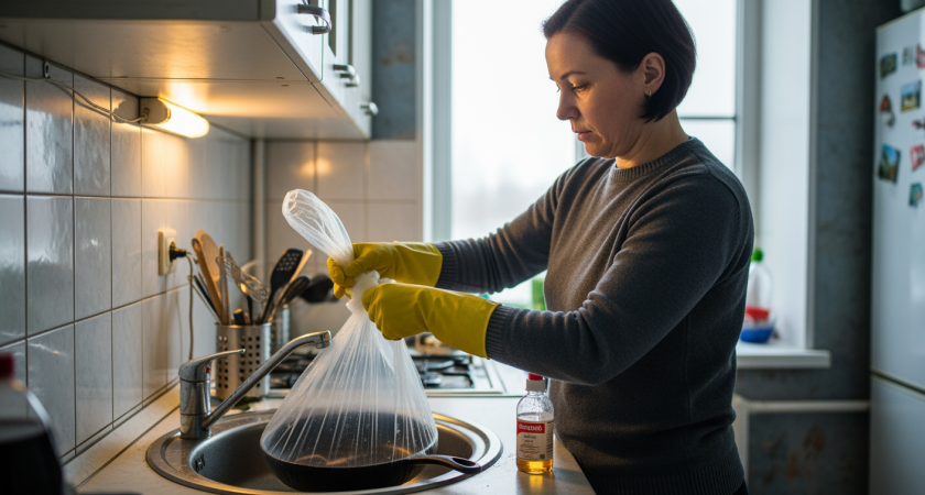 Простой трюк с пакетом возвращает сковороде зеркальный блеск — грязь исчезает будто по волшебству