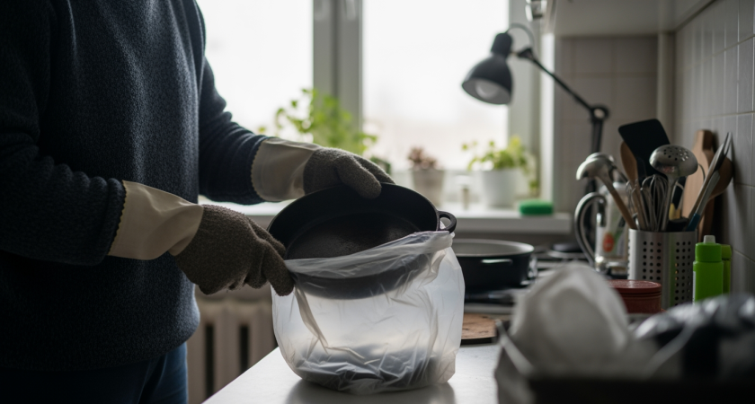 Простой трюк с пакетом заставил мою старую сковороду сиять как новая — теперь готовлю с удовольствием