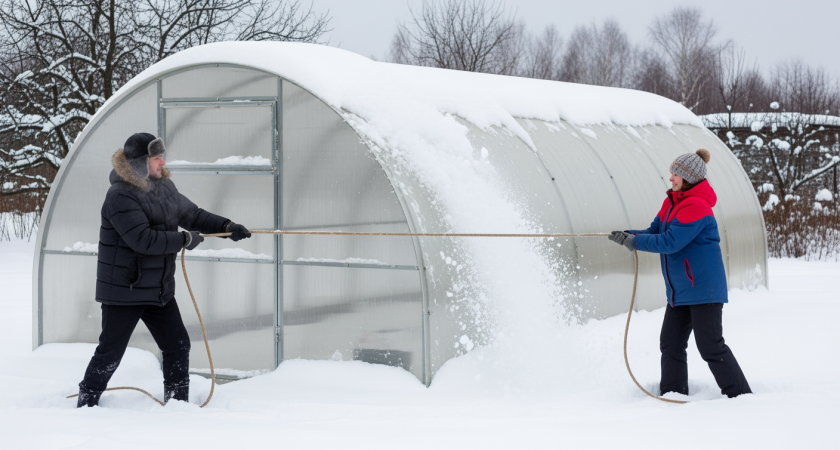 Старый трюк с веником превращает очистку теплицы от снега в детскую забаву за полминуты