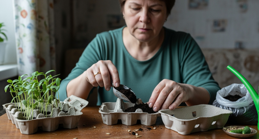 Выбросил 350 рублей на торфяные горшки, а потом увидел, что растёт в мусорке: теперь сею огурцы в яичные лотки и забыл про болезни рассады