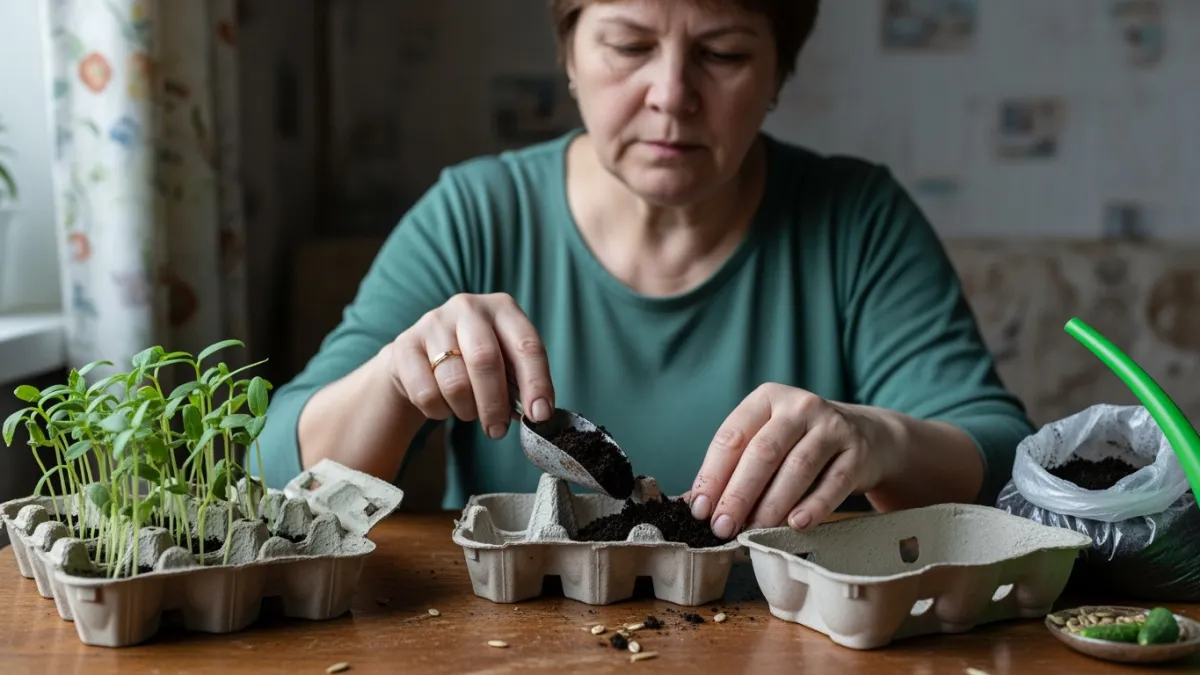 Выбросил 350 рублей на торфяные горшки, а потом увидел, что растёт в мусорке: теперь сею огурцы в яичные лотки и забыл про болезни рассады