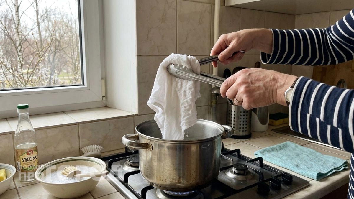 Вместо долгого кипячения кладу кухонные полотенца в обычный пакет и за полторы минуты полностью вывожу жир с запахом
