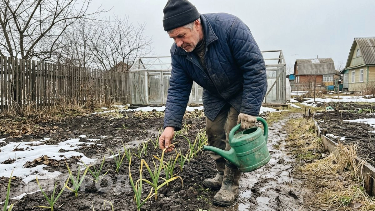 Весной сыплю это прямо на грядку как только сойдёт снег — чеснок стоит зелёный и наливается до самого июля