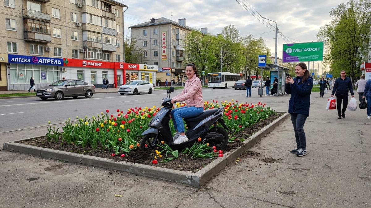 Мопед занесло на клумбу с тюльпанами: полиция ищет девушку с видео