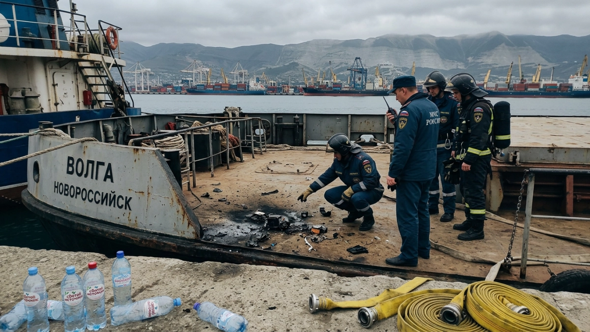 Фрагменты сбитого дрона подожгли судно в порту Новороссийска