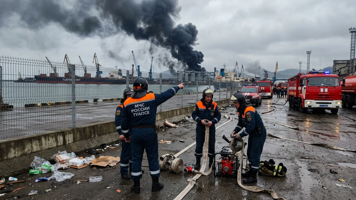 Пожар на терминале в Туапсе тушат 177 спасателей после атаки БПЛА