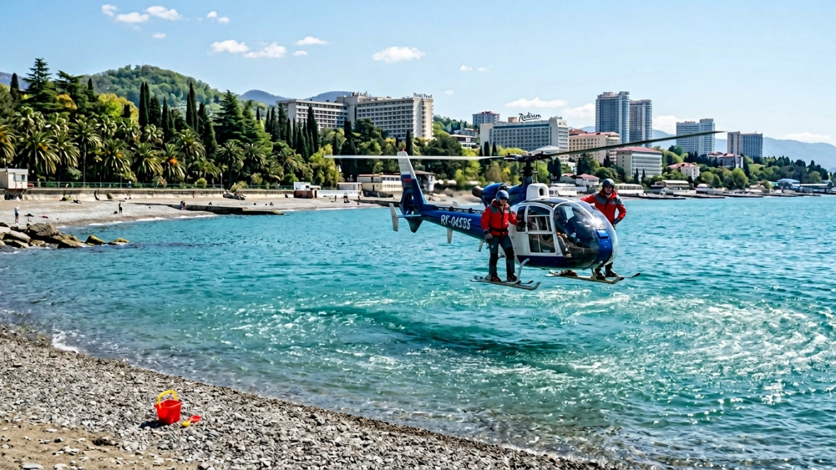 Сочинский бизнесмен прокатился на лыжах за бортом вертолета над морем