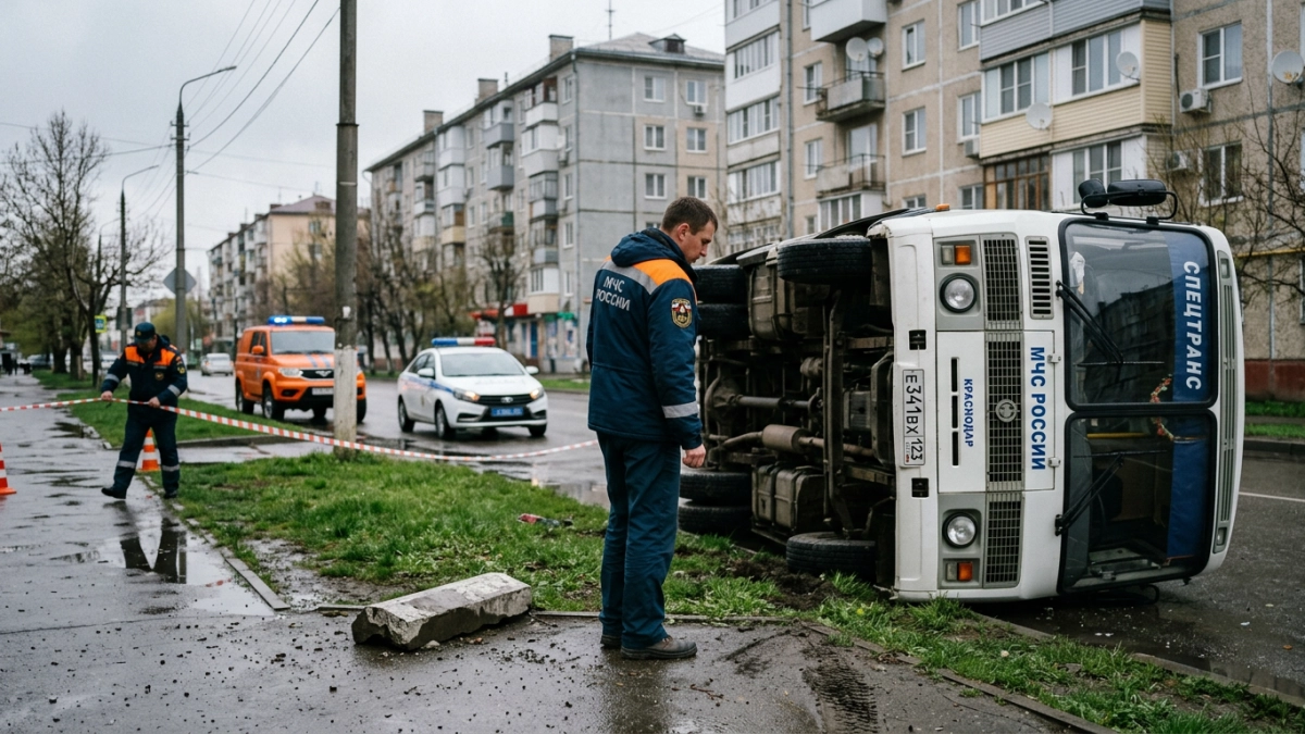В Краснодаре вахтовый автобус опрокинулся на бордюре: трое пострадавших