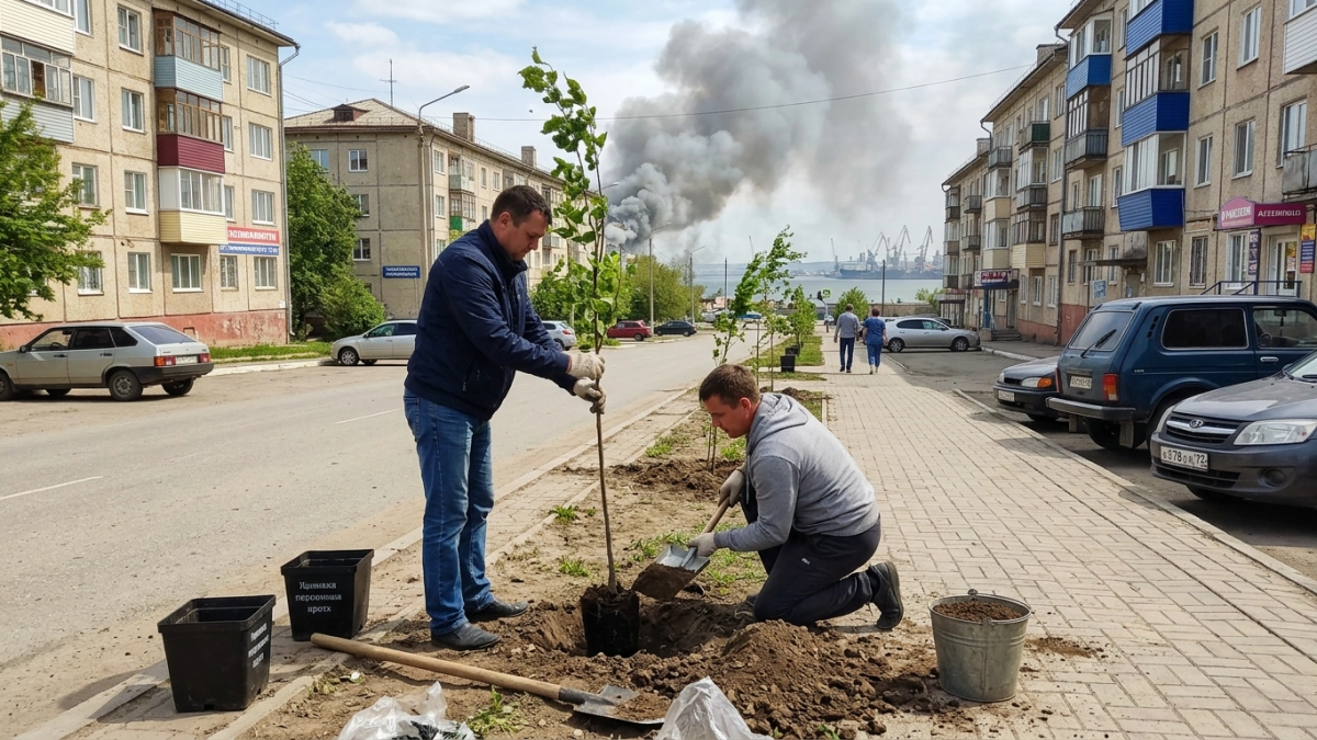 Прокуроры сажали деревья в Туапсе на фоне дыма от атак БПЛА